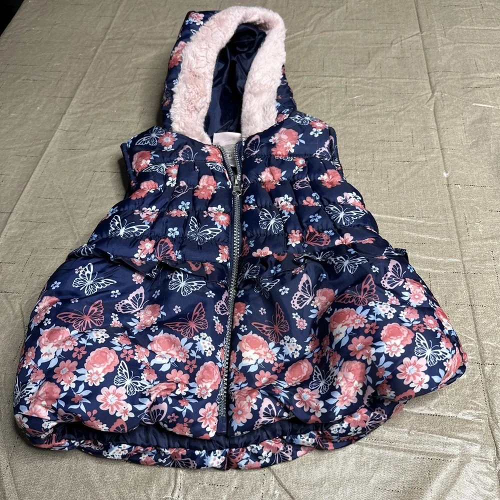 Little Lass Baby‎ Girl's Winter Puffer Vest Size 4T Navy Blue Pink Floral